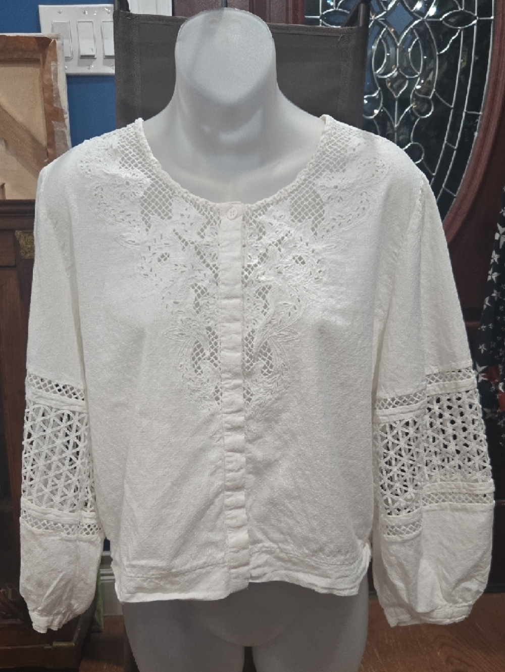 White French Connection volume sleeve broderie blouse, 100% Cotton,US 10/EU L - Picture 5 of 7